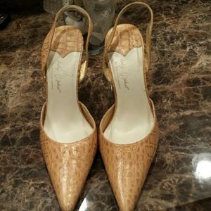 Tan faux snakeskin slingback heels